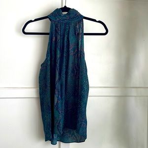 JOIE Erika Peacock Silk Top Button Neck Snake Teal